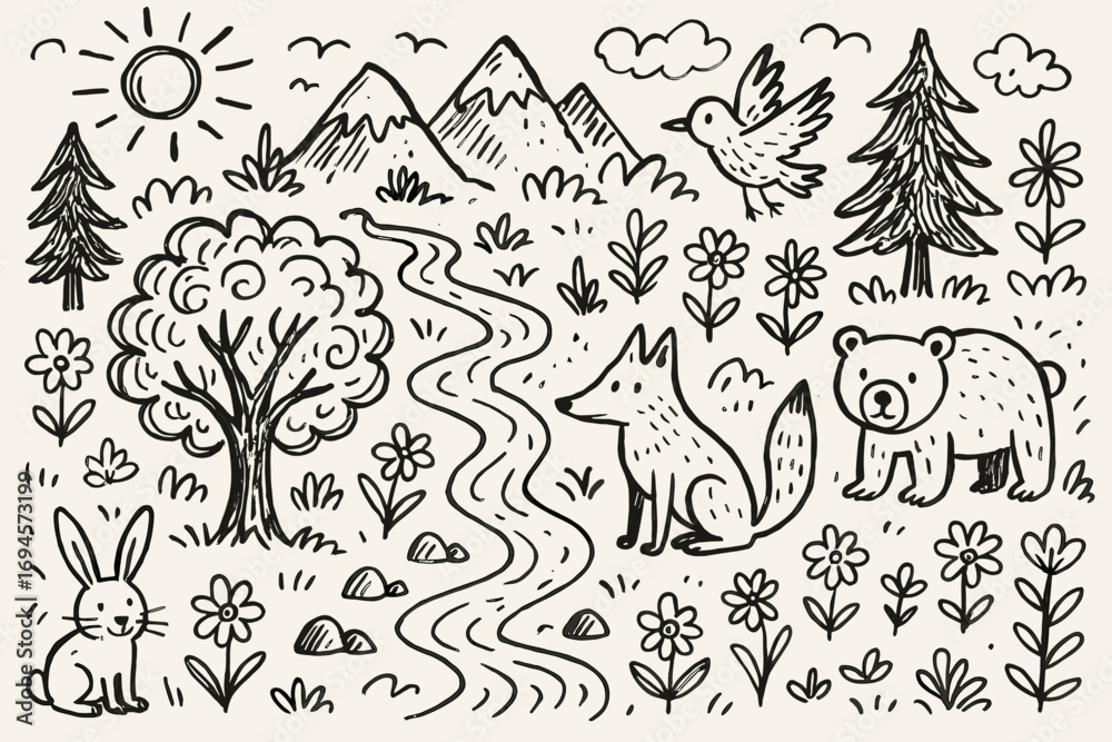 Obraz premium Cute forest scene with animals and nature in black and white drawing