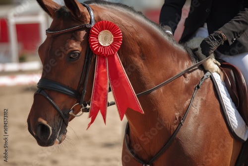 Horse Show Ribbon. Rider with Red Rosette on Bay Horse in Equestrian Competition