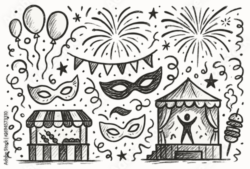 Festive celebration with fireworks and party elements in black and white doodle style