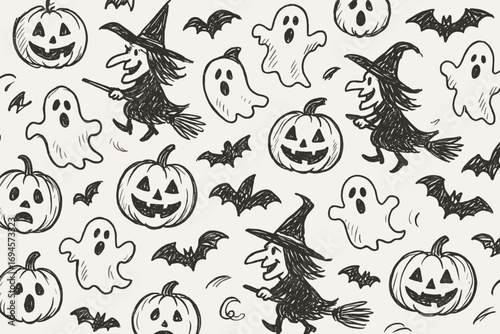 Halloween pattern with witches, ghosts, pumpkins, and bats in black and white