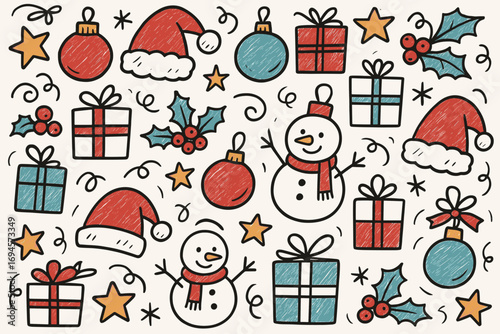 Festive holiday doodles snowmen, santa hats, gifts, and baubles in red and blue