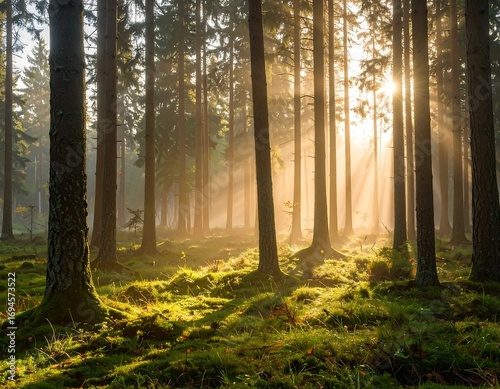 Wallpaper Mural Sunlight streams through a misty forest Torontodigital.ca