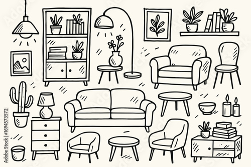 Hand-drawn living room furniture with sofa, chair, and decor elements
