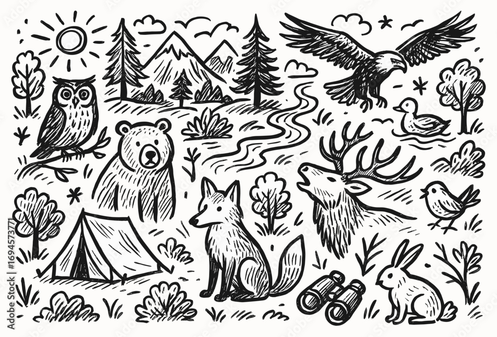 Obraz premium Nature camping scene with wildlife and mountains in black and white illustration