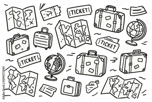 Travel icons maps, tickets, suitcases, globes in doodle style