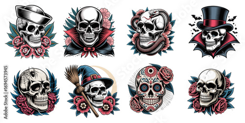 Set of Halloween skulls in traditional tattoo style with roses, witch and sailor hats, vampire, snake, spider; perfect for T-shirts, posters, cards, vector illustrations
