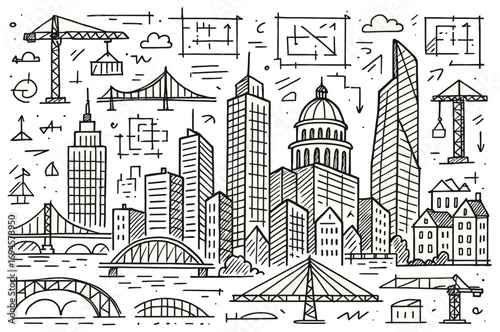 Urban skyline sketch with diverse architectural features and structures