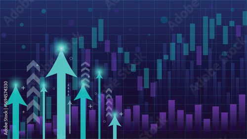 Abstract financial background with glowing arrows and candlestick chart symbolizing trading, investment, growth, and stock market success, perfect for finance and business projects
