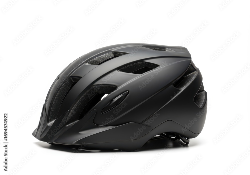 Fototapeta premium A matte black bicycle helmet, angled, displays its ventilated design against a pure white background.