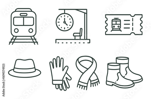 Train travel icons including ticket, clock, hat, gloves, scarf, boots