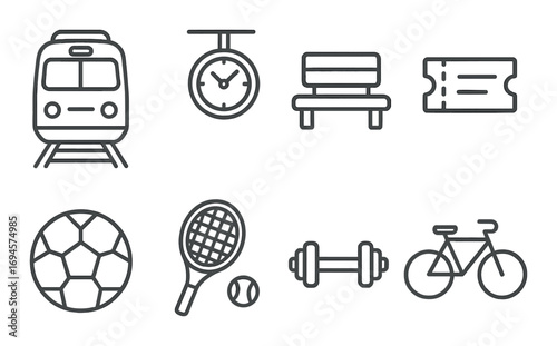 Outline icons of transportation and sports equipment on metallic background