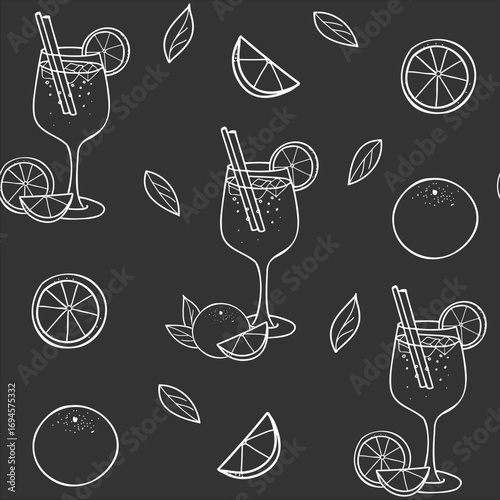 Cocktail Seamless pattern. Aperol Spritz and orange fruit. Hand drawn illustration in Doodle style, white line on a black background. For textile and paper prints, bar designs.