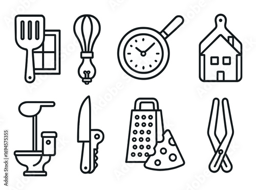 Kitchen and home utensil icons on black textured background