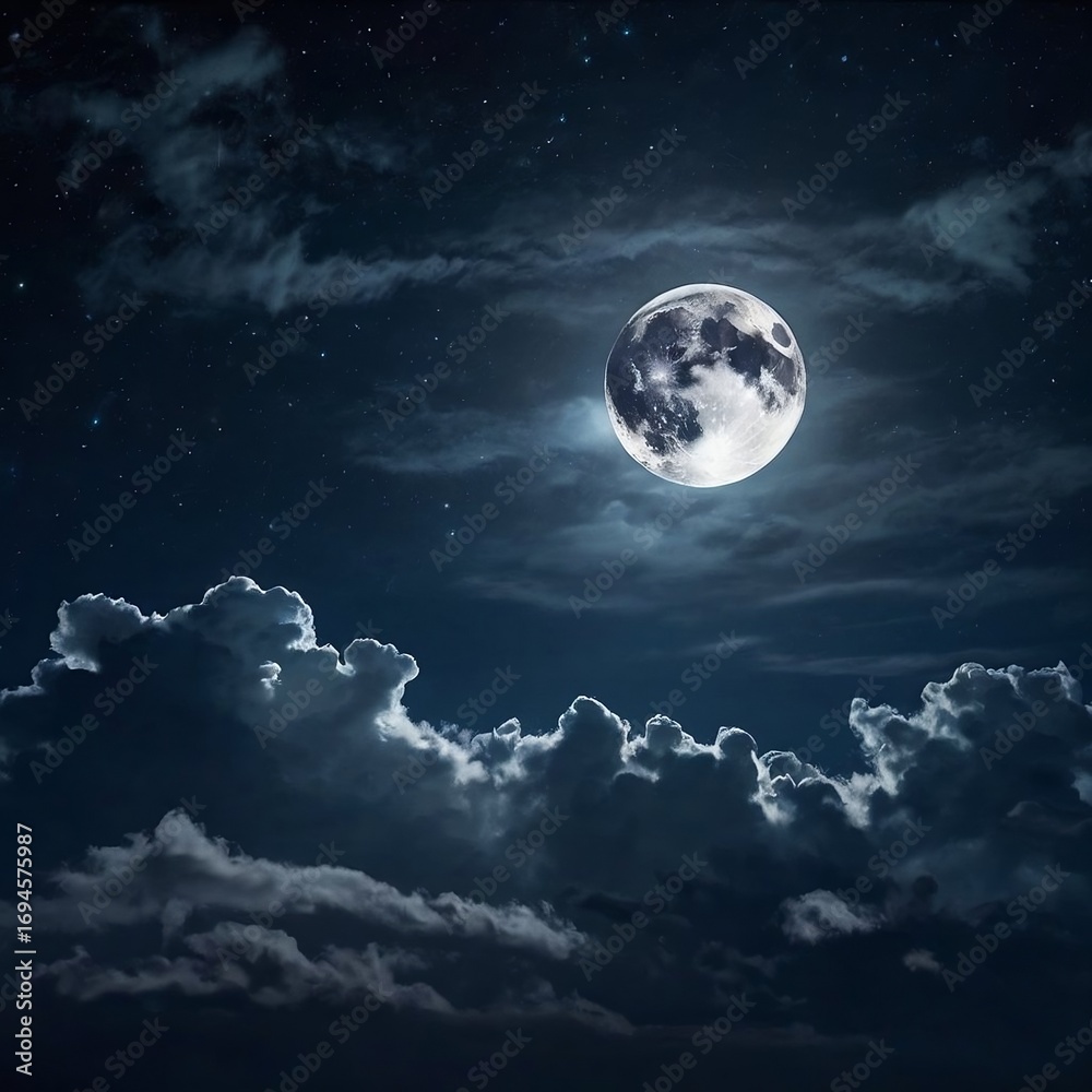 Fototapeta premium Mystical night scene featuring a glowing full moon surrounded by drifting clouds, casting soft silver light across a deep blue sky.