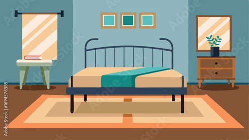 A guest bedroom with a metal bed frame a plush area rug and a wooden bench at the foot of the bed.