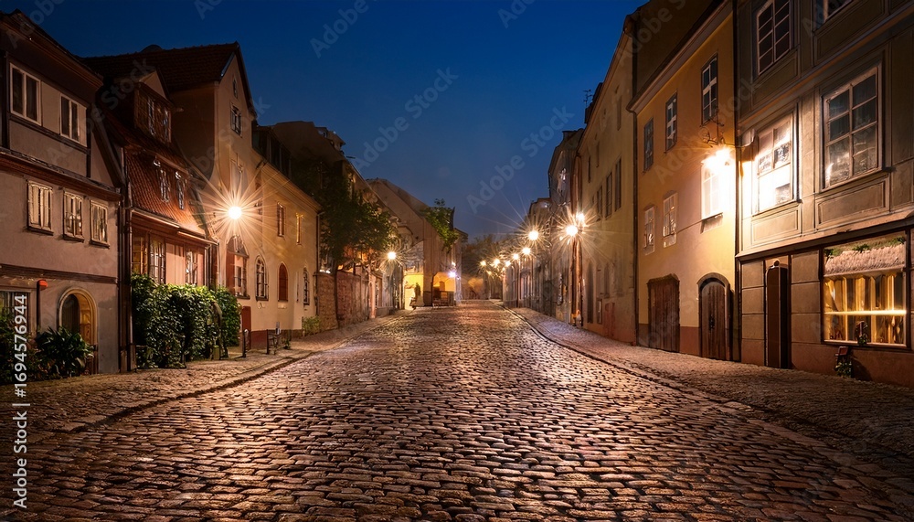Fototapeta premium a cobblestone street at night with the lights on