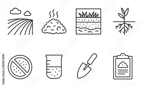Set of eight agriculture and soil vector icons including plants, roots, and fertilizer