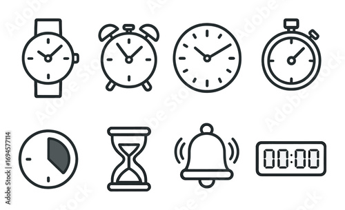 Various timekeeping icons: watches, clocks, timer, hourglass, alarm, stopwatch, bell