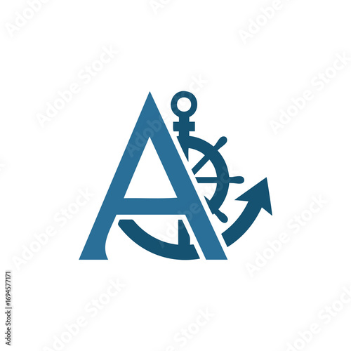 A nautical logo combining the letter A with a ship's anchor and steering wheel, ideal for marine, travel, or sailing businesses.