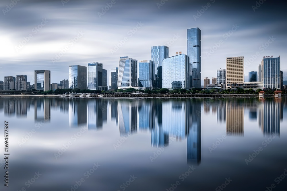 Fototapeta premium Modern City Skyline with Glass Towers Reflecting in Calm Water Under Dramatic Cloudy Sky