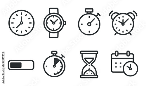 Icons of clocks and timers: alarm, stopwatch, hourglass, and calendar symbols