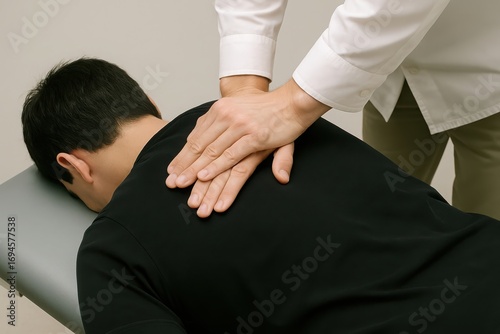 Chiropractor adjusting patient s upper back and shoulders