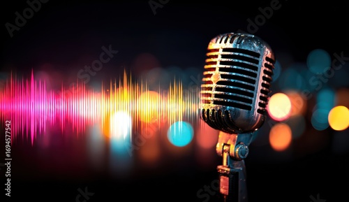 Vintage microphone against a backdrop of colorful audio waves and city lights