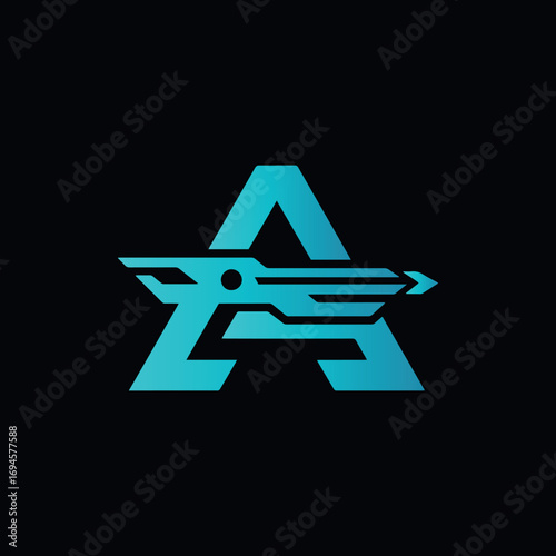 A creative logo featuring a stylized letter 'A' integrated with a tech-inspired rocket. Ideal for technology, gaming, or futuristic brands.