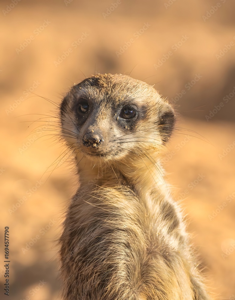 Fototapeta premium Alert Meerkat Portrait with Golden Hour Lighting in Wildlife Sanctuary