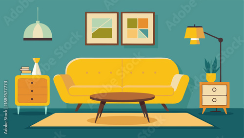 A living room filled with vintage furniture including a mustard yellow velvet sofa and a chromelegged coffee table.