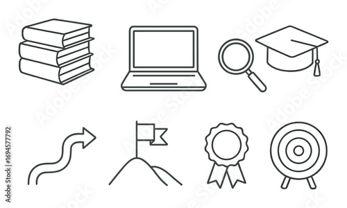 Educational icons set featuring books, laptop, graduation cap, magnifying glass, and achievement symbols