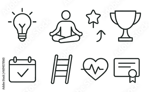 Icons set: idea, meditation, achievement, calendar, progress, heartbeat, certificate