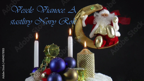 Warm Wishes for Christmas Joy 
A festive card with candles, baubles, and Santa Claus in the language Slovak 
