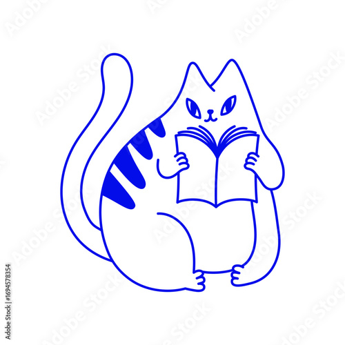 Vector logo design template and graphic element for advertising, branding, posters and banners, funny cartoon cat illustration with smiling character and mascot with book