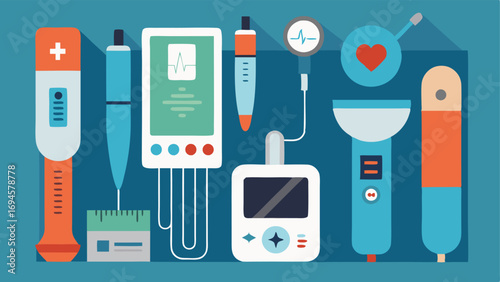 Diagnostic Tools Display A closeup illustration of an array of futuristic diagnostic tools such as portable ultrasound devices digital thermometers and pressure monitors neatly