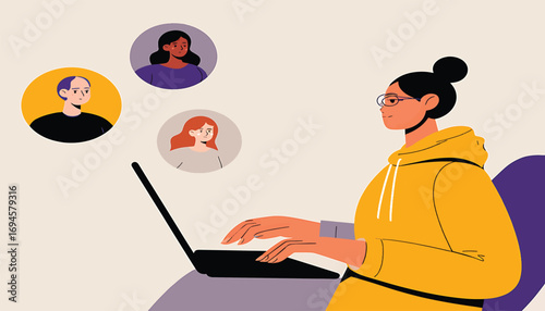 Woman participating in a virtual meeting with colleagues on a laptop