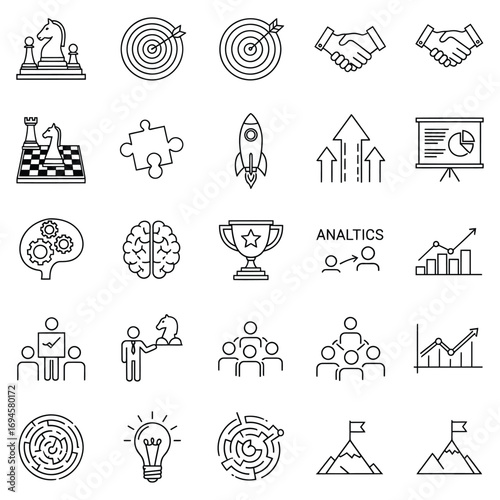 Business and Strategy Outline Icons Representing Success Goals and Teamwork Concepts