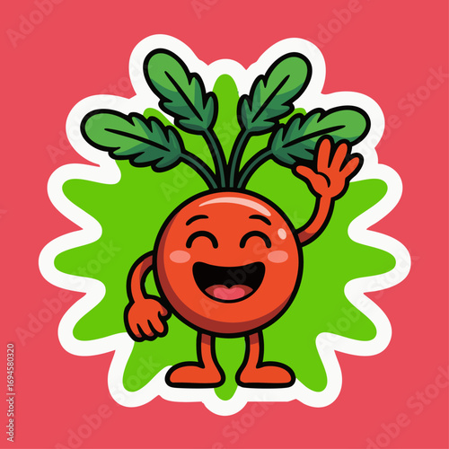 Vector illustration of a cute cartoon radish character with smiling face, big eyes, waving hand, arms, legs, and fresh green leaves on top. Kawaii style vegetable mascot, cheerful and friendly design,