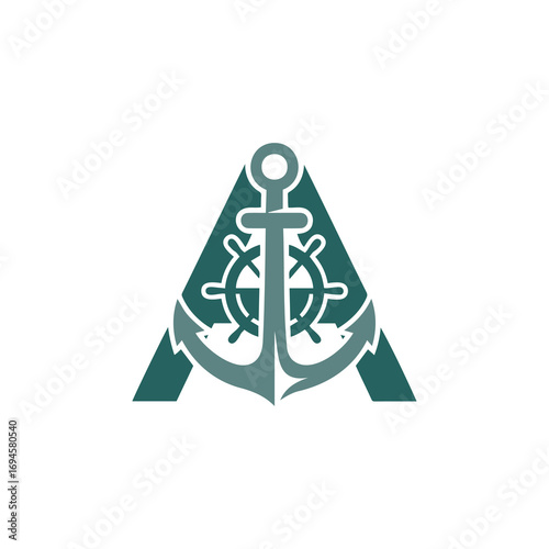 A creative logo featuring a stylized letter 'A' integrated with a ship's wheel and an anchor. Ideal for marine, nautical, travel, or logistics businesses.