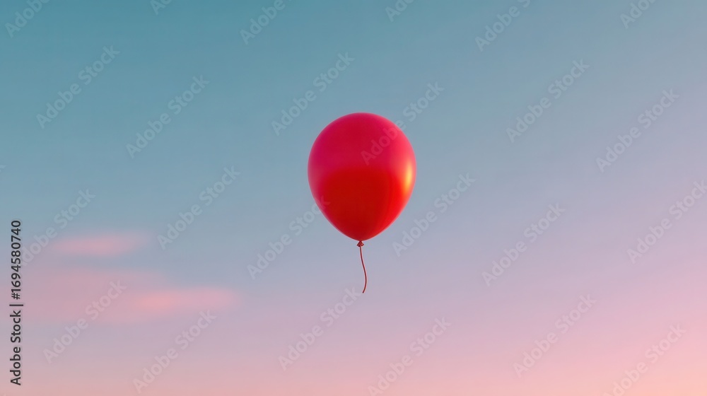 Fototapeta premium Red Balloon Floating Gently in a Soft Sky Background at Sunset