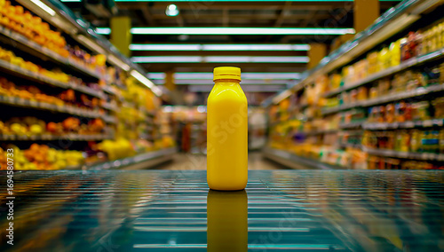 Single yellow bottle of juice or drink standing in a supermarket aisle with blurred shelves