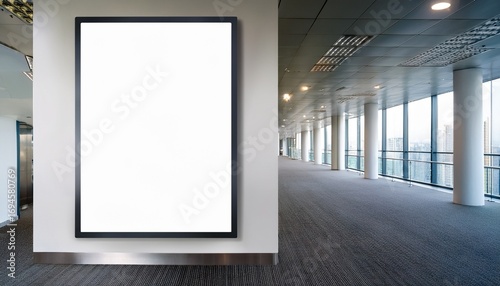 blank billboard display along wall in office hallway empty lobby interior with white lcd screen floor stand for advertising vertical ads banner in interior realistic 3d mock up