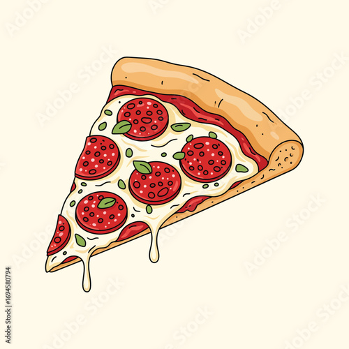 Delicious Pepperoni Pizza Slice with Melting Cheese and Fresh Basil A Tempting Cartoon Illustration