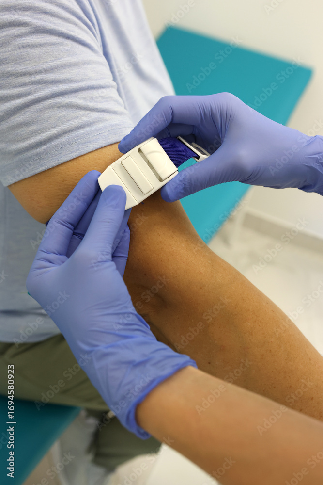 Obraz premium Medical professional applying white tourniquet on patient’s arm before blood draw.