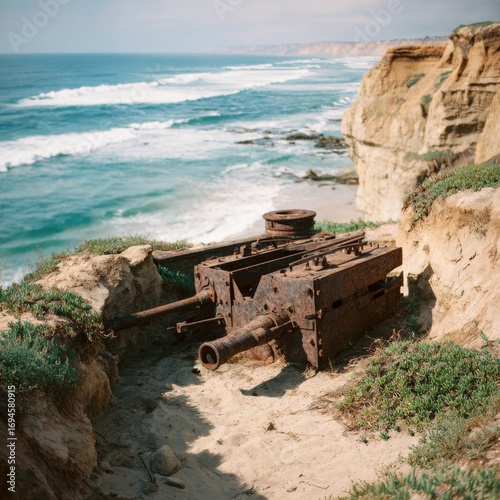 A weathered coastal gun showcasing decay against the ocean backdrop.
