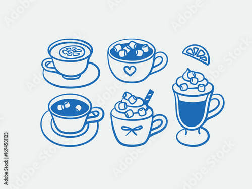 Hand-drawn Christmas cocoa drink. Line art, ink, minimalist style. Vector illustration. Winter holidays collection.