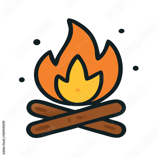 Vector illustration of a campfire with burning logs. Perfect for camping, hiking, adventure, outdoor activities, survival gear, travel icons, and nature exploration design