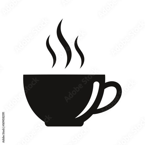 Minimalist Black Silhouette of Steaming Hot Coffee or Tea Cup on White Background Ideal for Cafe Logo Designs