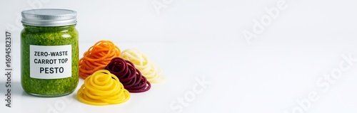 Jar of zero-waste carrot top pesto with colorful vegetable noodles on clean white background with copy space for food promotion or design mockup. Ai generative