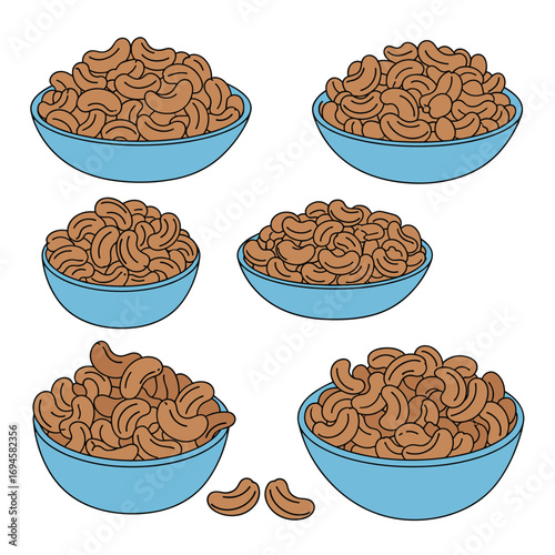 Several blue bowls filled with roasted cashew nuts